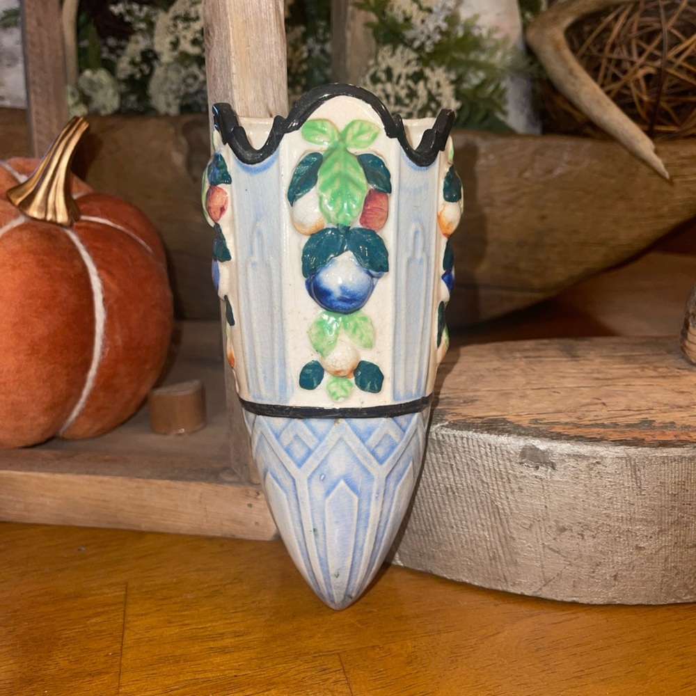 Art Deco Maruhon Ceramic Wall Pocket Vase: Embossed Fruit Planter, Made in Japan